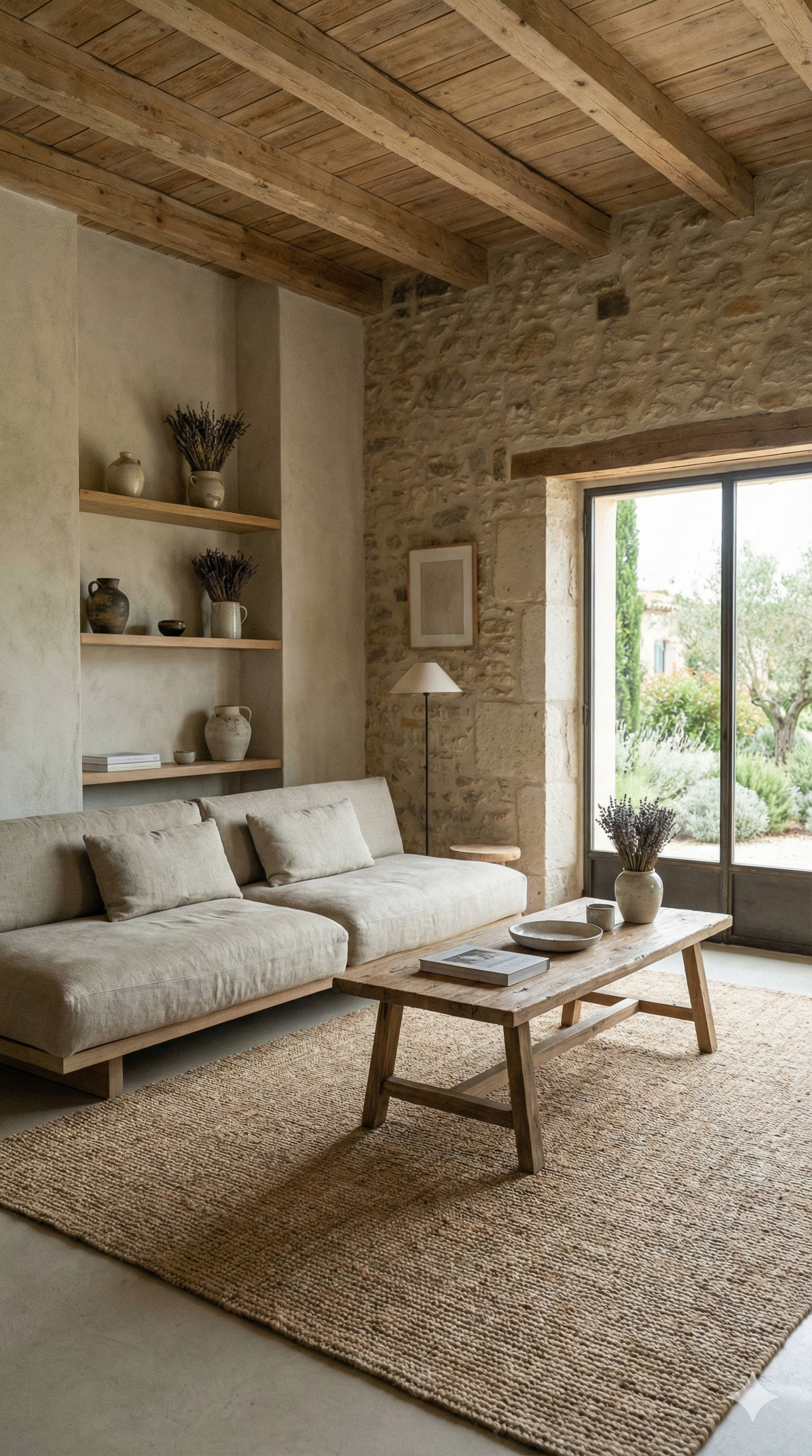 Salon provençal avec mur en pierres